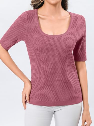 Totatuit Women Elobow Sleeve Sweaters Scoop Neck Business Tops Dark Pink L - image 3