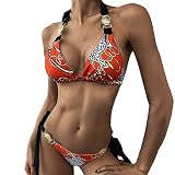 nvtuuer Damen Bikini Set Ties-up Neckholder Triangel Rückenfrei Bikinioberteil Niedrige Taille Tanga Bikinihose Strasssteinen 2-teilig Badeanzug Strandbademode (04, S)