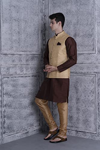 Image of Uri and MacKenzie Men's Silk Blend Regular Kurta Churidar Pyjama with Bundi Nehru Jacket /Waistcoat