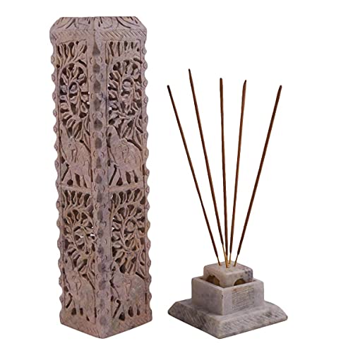 Crocon Handmade Soapstone Incense Stick Tower Candle Burner Elephant Leaf Design Incense Tower Burner | Tea Light Holder | Living Room Decor Kitchen Home Fragrance Decorative Gift Size - 11X3X3 Inch #TOP7