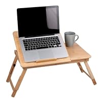 Adjustable Laptop Table, Small Table - 21.5 x 27.5cm - With Cup Holder and Tablet Slot - Bamboo