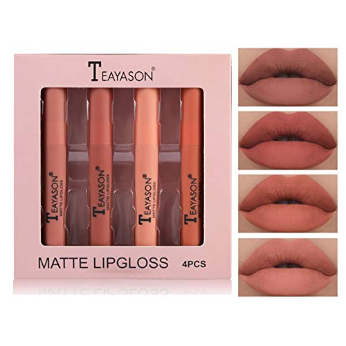 4Pcs Matte Liquid Lipstick Makeup Set, Long-Lasting Wear Non-Stick Cup Not Fade Waterproof Lip Gloss (B)