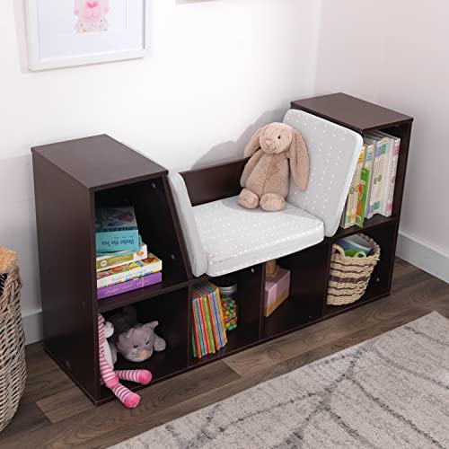 KidKraft Wooden Bookcase with Reading Nook, Six Shelves and Gray Cushion - Espresso