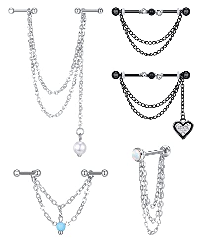 MODRSA Piercing Industriel avec Boucles d'oreilles Pendant Piercing Helix Chaîne pour Femme Acier Chirurgical Piercing Conch Cartilage Lober Earrings Bijoux - Argent & Noir Cover