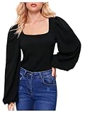 ROMWE Women's Long Puff Sleeve Square Neck Slim Fit Crop Tops Blouse Sweatshirt New Black Medium