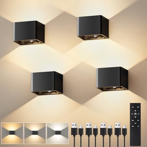VIWAVE 4 Stück Akku Wandleuchte Innen mit Bewegungsmelder & Fernbedienung,3 Farben LED Wandleuchte Ohne Stromanschluss,Kabellose Wandlampe Innen Batterie mit Schalter,Wandlampe Akku Schwarz Dimmbar