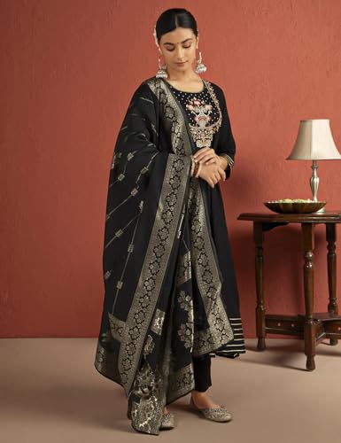 Image of Kaari Women's Embroidered Kurta Set with Dupatta - Festive Kurta Set for Women Polyester Blend