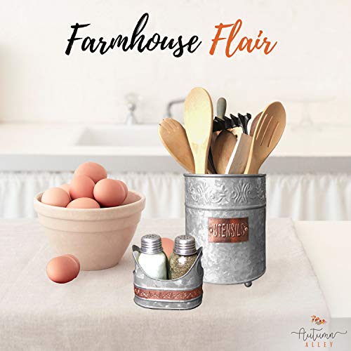 Autumn Alley Farmhouse Galvanized Kitchen Utensil Holder | Handmade Utensil Crock | Embossing and Copper Label add Farmhouse Decor Charm | Rustic Decor for Kitchen - Thumbnail 5