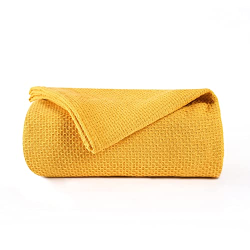 Boutiquo 100% Cotton Bed Blanket, Breathable Thermal Blanket Twin Size, Soft Honeycomb Waffle Blanket 60"X90", Cotton Bed Blanket, Perfect For Layering Any Bed For All Season, Mustard Yellow #TOP20