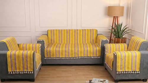 Image of Gifts Island Woven Acrylic Cotton Sofa Cover Mat, Yellow Striped with Decorative Tassels, Non-Slip Design with Elastic Straps, 3 Seater and 1 Seater Mats with 6 Armrest Covers (Yellow, 3+1+1 Seater)