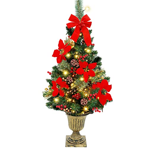 Juegoal 3 Ft Christmas Tree, Pre-Lit Poinsettia Spruce Entrance Trees With 100 Leds Lights, Pine Cones, Red & Golden Berries In Gold Urn Base For Front Door, Porch, Entryway Xmas Home Decor, 1 Pack #TOP22