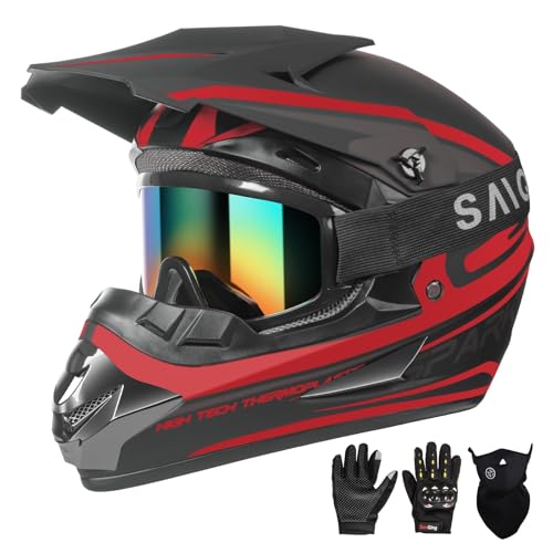 Youth Kids Motocross Helmet, Adult ATV Dirt Bike Helmet, Off-Road BMX 4-Wheeler Full Face Motorcycle Helmet W/Goggles Gloves & Mask, DOT Approved, Red, M