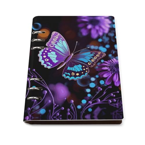 Carpeta A5 de piel sintética con flores moradas y 6 anillas de alta durabilidad