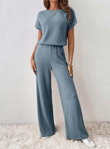 Happy Sailed Fall Jumpsuits For Women Dressy Casual Short Sleeve Long Pants Romper Stretchy Knit Crewneck Elastic Waist Wide Leg Jumpsuit Blue Medium thumb #2