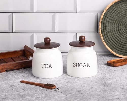 Image of Metallure Home Modern Kitchen Set | Air Tight Containers for Kitchen Storage | Tea Sugar Container Set of 2 | Wooden Lid Container | Food-Safe Metal Containers | Jar Container Set for Home (White)
