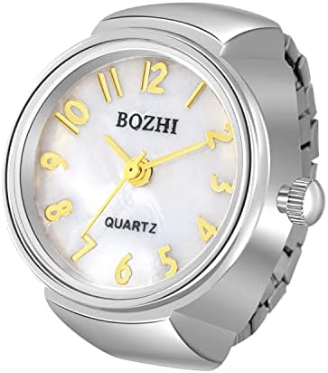 JewelryWe Dames vingerring horloge: retro zilver rekbare elastische band heren dames ronde zwarte wijzerplaat quartz analoge lichtgewicht nieuwigheid horloges, Adult, Minimalist
