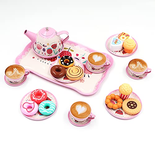 44Pcs Tea Set For Little Girls, Princess Tea Time Toys Playset- Teapot Dishes Dessert & Carrying Case, Kitchen Pretend Play Tin Tea Party Set Gifts For Kids Toddlers Toy (Flower Desgin) #TOP7
