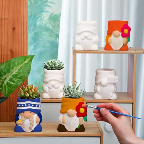 Beeveer 6 Sets Paint Your Own Gnomes Succulent Planter Cute Mini Unpainted Flower Pots DIY Paintable Succulent Pots for Christmas Classroom DIY Craft Project Activity