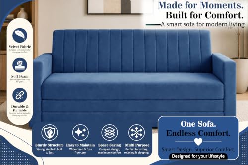Image of 3-Seater Velvet Sofa Cum Bed with Armrests | Modern Convertible Sleeper Couch | Stylish Sofa Bed for Living Room, Bedroom & Office | Blue