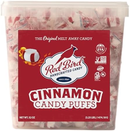 Red Bird Cinnamon Puffs Candy, Bulk Individually Wrapped Soft Mints, 52 oz Tub