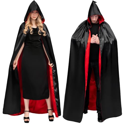 Myir JUN Czarno-czerwona peleryna dla dorosłych dzieci, uniseks, płaszcz z kapturem, kostium na Halloween, satynowy, czarownice, wampiry, płaszcz, fantazyjne przebranie dla dzieci (rozmiar XL)