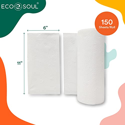Eco Soul 100% Compostable Bamboo Kitchen Paper Towel Set Of 6 Rolls | 2Ply With 900 Sheets, 150 Sheet Each | Eco-Friendly Soft Paper Towel, Kitchen Towel #TOP1