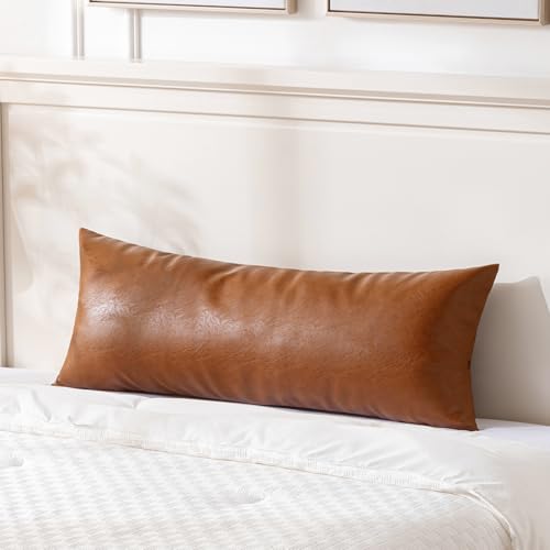 Image of Fancy Homi Brown Boho Long Lumbar Faux Leather Body Decorative Throw Pillow Cover 14x36 Inch for Bedroom Couch Bed Bench, Thick Stylish Solid Rectangle Pillowcase, Rustic Modern Farmhouse Room Decor