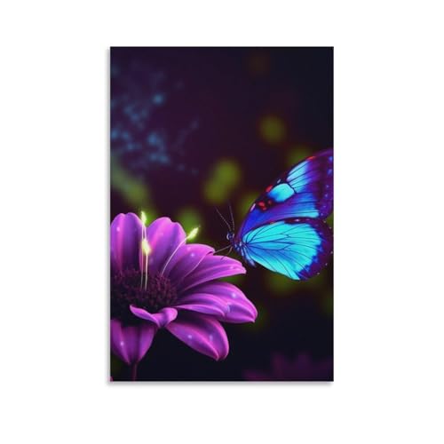 Toile murale 60x90 cm fleurs papillons bleu violet sans cadre