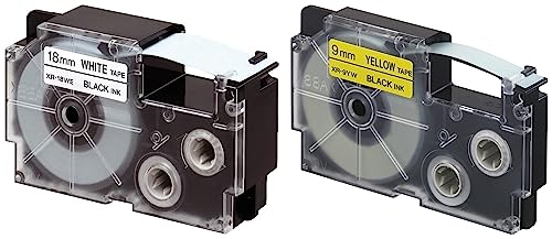 Image of Casio XR-18WE1 Label Printer Tape (Black and White) & Casio XR-9YW-S-DJ /XR-9YW1-W-DJ Label Printer Tape (Black and Yellow)