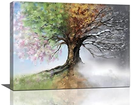Tree of Life Wall Art Colorful Country Trees Pictures Wall Decor Rustic Nature Four Season Canvas Paintings Modern Artwork Home Decorations for Bathroom Living Room Bedroom Office Framed 16"x12"