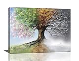 yerretin Tree of Life Wall Art Colorful Country Trees Pictures Wall Decor Rustic Four Season Canvas Painting Modern Artwork Home Decorations for Bathroom Living Room Bedroom Office Framed 16'x12'