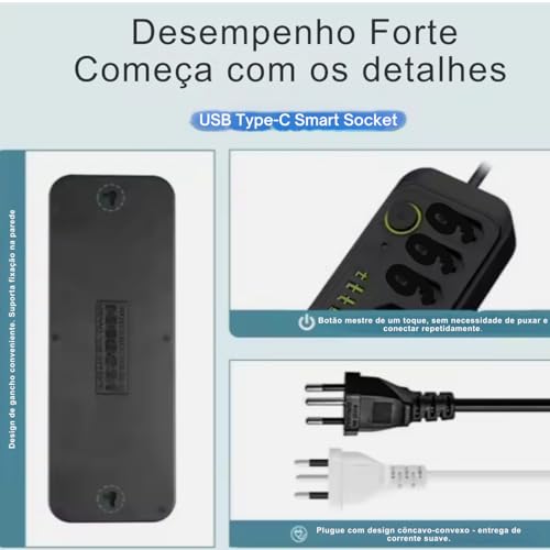 Filtro de Linha com 5 Tomadas, 4 Portas USB, 1 USB Tipo-C, Cabo de 2m Extensão de Tomadas Suporte a