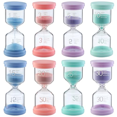 8 Pezzi Clessidra Set, Clessidra bambini 1/3/5/10/15/20/25/30 Minuti, timer visivo bambini, Clessidra bomboniera per cronometrare la vita, l'apprendimento e il gioco