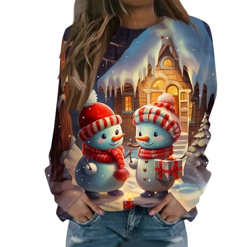 Weihnachtspullover Weiß Weihnachtsmotiv Festliche Frauen Weihnachtskleidung Damen Schön Weihnachtspulli Damen Baumwolle Schneemann Glitzer Licht...