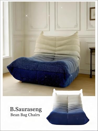Image of Bean Bag Chairs for Adults, Memory Foam Reading Bean Bag Sofa Chair with Faux Fur Filler, Fireside Floor Gaming Chairs for Living Room, Bedroom and Office (White&Blue, Single)