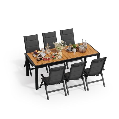 JUMMICO Salon de Jardin Extérieur : 1 Table en Aluminium Imitation Bois + 6 Chaises Longues Pliantes. Solide et Durable. Idéal pour Les Balcons, Les Jardins et Autres Espaces Extérieurs.