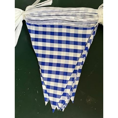 25Meters 82feet Blue White Checkered Banner Bunting, Double Sided Fabric Triangle Gingham Flags Party Decorations for Birthday Cover