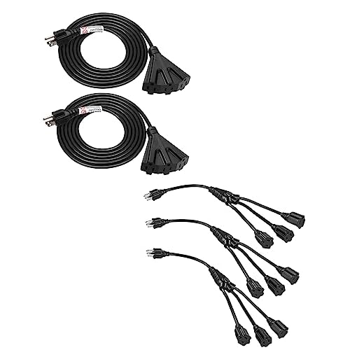 DEWENWILS 10 FT Outdoor Tri-Tap Extension Cord Splitter+18 Inch 1 to 3 Light Extension Cord Splitter