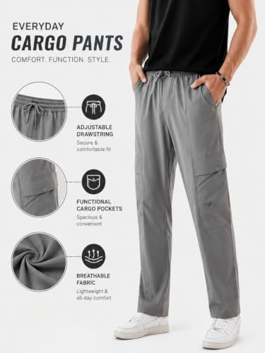 Image of Men's Cotton Cargo Pants | Straight Fit Casual Trousers for Men with Pockets | Lightweight & Breathable Pants with Elastic Waistband & Drawstring | Comfortable Lower for Mens