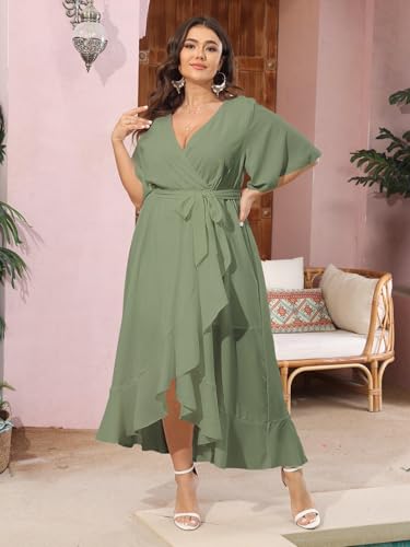 Image of SCOMCHIC Women Plus Size Maxi Dress Short Sleeve Wrap V Neck High Low Split Ruffle Long Dress