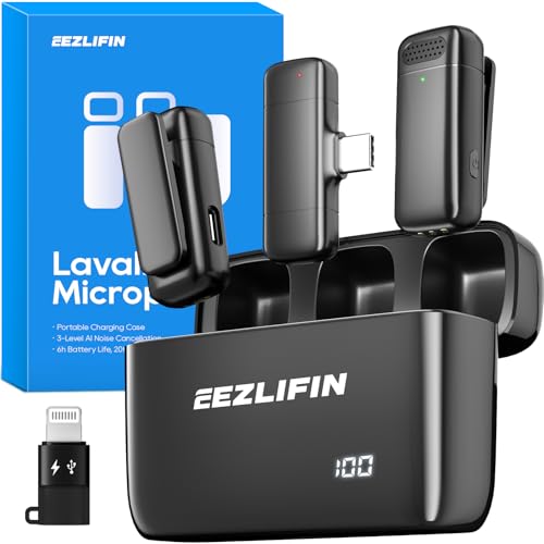 EezLiFin Mini Microphone for iPhone and Android, Wireless Microphones with Charging Case, USB-C&Lightning Compatible, 3 Noise Cancellation Modes, Lavalier Mic for Vlogging&Podcast, 2*20H Battery Life