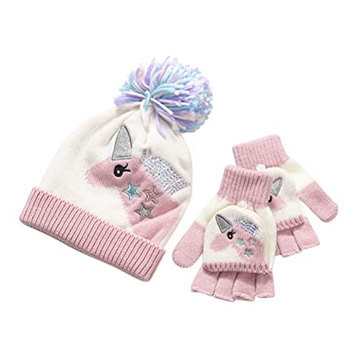 Edinber Ensemble de bonnet d'hiver en tricot pour enfants - Motif dinosaure et licorne - Bonnet chaud avec pompon - Bonnet d'hiver chaud - Coupe-vent - Cadeaux pour garçons et filles Cover