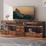 Homiflex Large Double Dog Crate Furniture with 3 Storage Drawers Farmhouse Dog Kennel TV Stand Indoor for 2 Large Medium Dogs Decorative Dog Cage with Sliding Barn Door & Power Outlets, 86.61'W, Brown