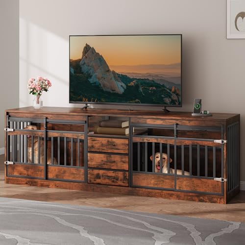 Homiflex Large Double Dog Crate Furniture with 3 Storage Drawers Farmhouse Dog Kennel TV Stand Indoor for 2 Large Medium Dogs Decorative Dog Cage with Sliding Barn Door & Power Outlets, 86.61"W, Brown