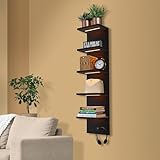Sorbus LED Light Display Shelf - Vertical 5 Tier Wall Shelf Unit with 2 Hooks, Column Utility Shelving for Home Decor, Wall-Mounted Floating Shelves for Bathroom, Bedroom, Vanity, Figurine Display