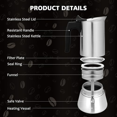 VONATES Stovetop Espresso Maker Stainless Steel Moka Pot, 9 cup Espresso Coffee Pots 450ml/15oz(Espresso Cup=50ml)/1.7oz, Italian Coffee Maker for Induction Cookers Hobs, Cafe Maker for Camping Home — view 2