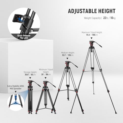 NEEWER 74" Pro Video Tripod with Fluid Head, All Metal Heavy Duty QR Plate Compatible with DJI RS Gimbals, Flexible 360° Pan&+90°/-75° Tilt with Adjustable Dampening, Max Load 22lb/10kg,TP75 by NEEWER - Image 5