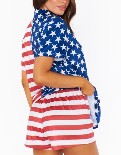 Image of Argeousgor Women 4th Of July Pajama Sets American Flag Short Sleeve Shirt and Shorts 2 Piece Independence Day Pajamas Set