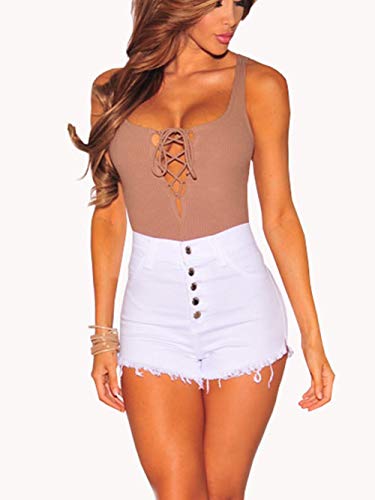 Bunanphy Women Shorts Summer Raw Hemline Buttons Denim Jean Shorts White #A Large - Image 2