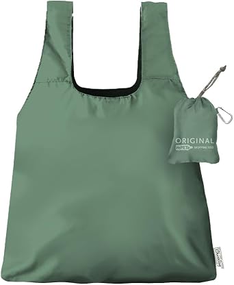 ChicoBag Original Reusable Tote with Carabiner Clip | Compact Reusable Grocery Bags | Recycled Materials | Sage (Pack of 4)